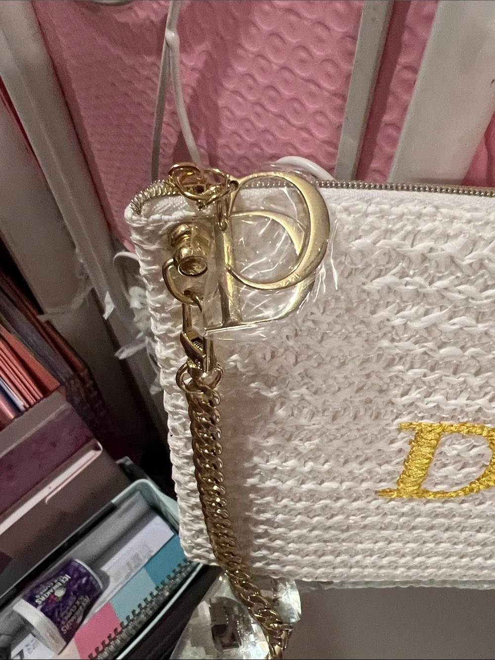 Dior Woven Pouch w-Logo and Gold Chain Attached
